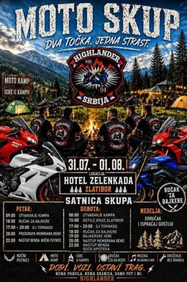 Moto-skup „Dva točka, jedna strast“ na Zlatiboru 2026 – druženje bajkera, defile i muzički program